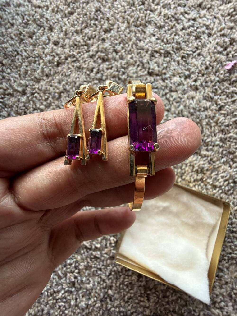 Vintage Avon Gold Tone Bangle Bracelet and Earrings Set with Amethyst Glass Ston